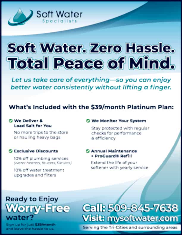Soft Water Specialists maintenance service flyer – Soft Water, Zero Hassle, Total Peace of Mind